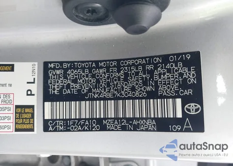 2019 Toyota Corolla Se z USA, uszkodzony, nr VIN JTNK4RBE7K3040826